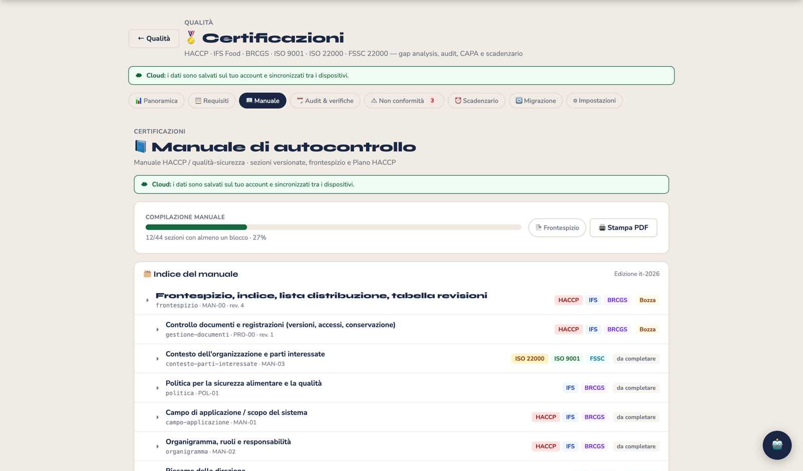 Il Manuale di autocontrollo versionato che il consulente aggiorna per il cliente in KoreLab